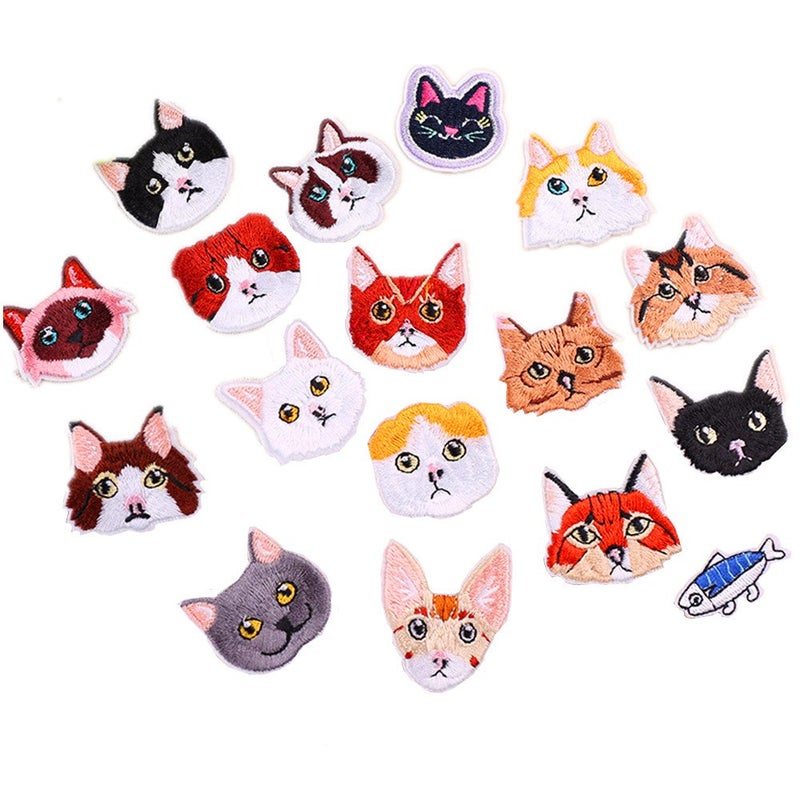 17pcs Assorted Cute Kitten Mini Cats and Delicious Fish Sew Iron on Patches Embroidered Patches Appliques for DIY Motif Clothing Accessory Decoration