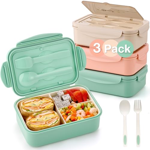 Mfacoy 3 Pack Bento Boxes for Adults/Kids, 1100 ML Bento Lunch Box With Spoon & Fork, Lunch Box Containers, Bento Box for Dining Out, Work, Picnic, BPA-Free, Microwave & Dishwasher Safe - Image 1