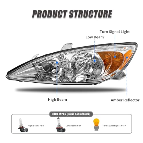 ADCARLIGHTS Headlight Assembly for 2002 2003 2004 Toyota Camry Chrome Housing with Amber Reflector Left and Right (Only Fits LE/XLE, Not Fits SE) - Image 4