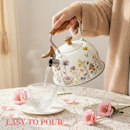 Beruyu Tea Kettle for Stove Top, 2.7 Quart Whistling Kettle with Floral Pattern for Boiling Water Coffee or Milk, Stainless Steel Tea Pots with Wood Pattern Folding Handle, Work for All Stovetops - Image 2