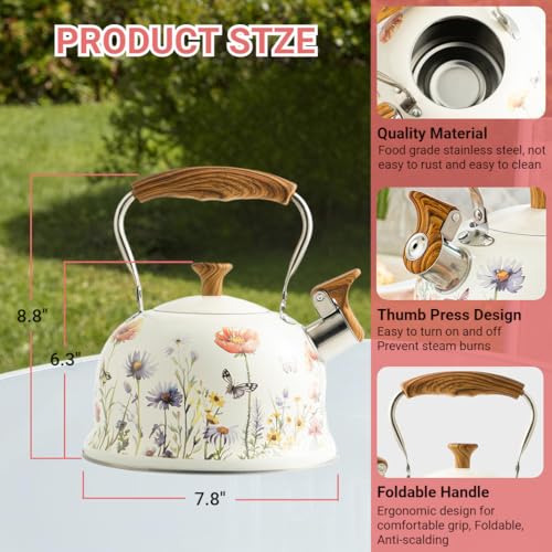 Beruyu Tea Kettle for Stove Top, 2.7 Quart Whistling Kettle with Floral Pattern for Boiling Water Coffee or Milk, Stainless Steel Tea Pots with Wood Pattern Folding Handle, Work for All Stovetops - Image 3