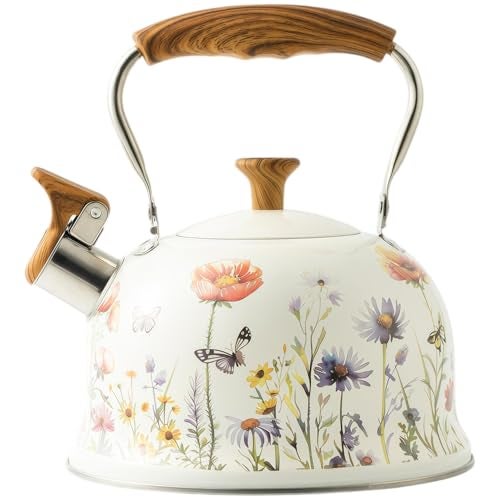 Beruyu Tea Kettle for Stove Top, 2.7 Quart Whistling Kettle with Floral Pattern for Boiling Water Coffee or Milk, Stainless Steel Tea Pots with Wood Pattern Folding Handle, Work for All Stovetops - Image 1