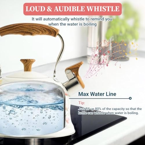 Beruyu Tea Kettle for Stove Top, 2.7 Quart Whistling Kettle with Floral Pattern for Boiling Water Coffee or Milk, Stainless Steel Tea Pots with Wood Pattern Folding Handle, Work for All Stovetops - Image 4