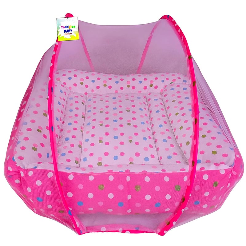 Toddylon Flat Bed Baby Bed Bedding Set for New Born Baby | Bed Mattress | Mosquito Net | Neck | | Cotton | Travel Bed | Essentials | Toddlers | Infants | Baby Boy Girl (0-12 Months) Pink - Image 1