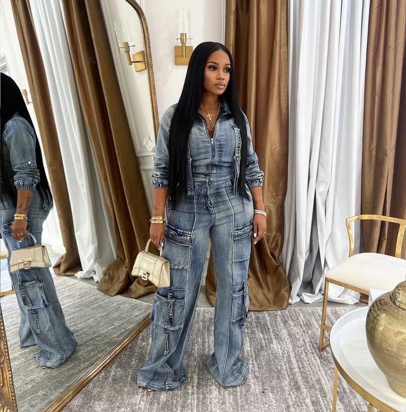 Molilove Women's Two Piece Denim Outfits Long Sleeve Cropped Jean Jacket Cargo Pants with Pockets Y2K Tracksuit Set - Image 4