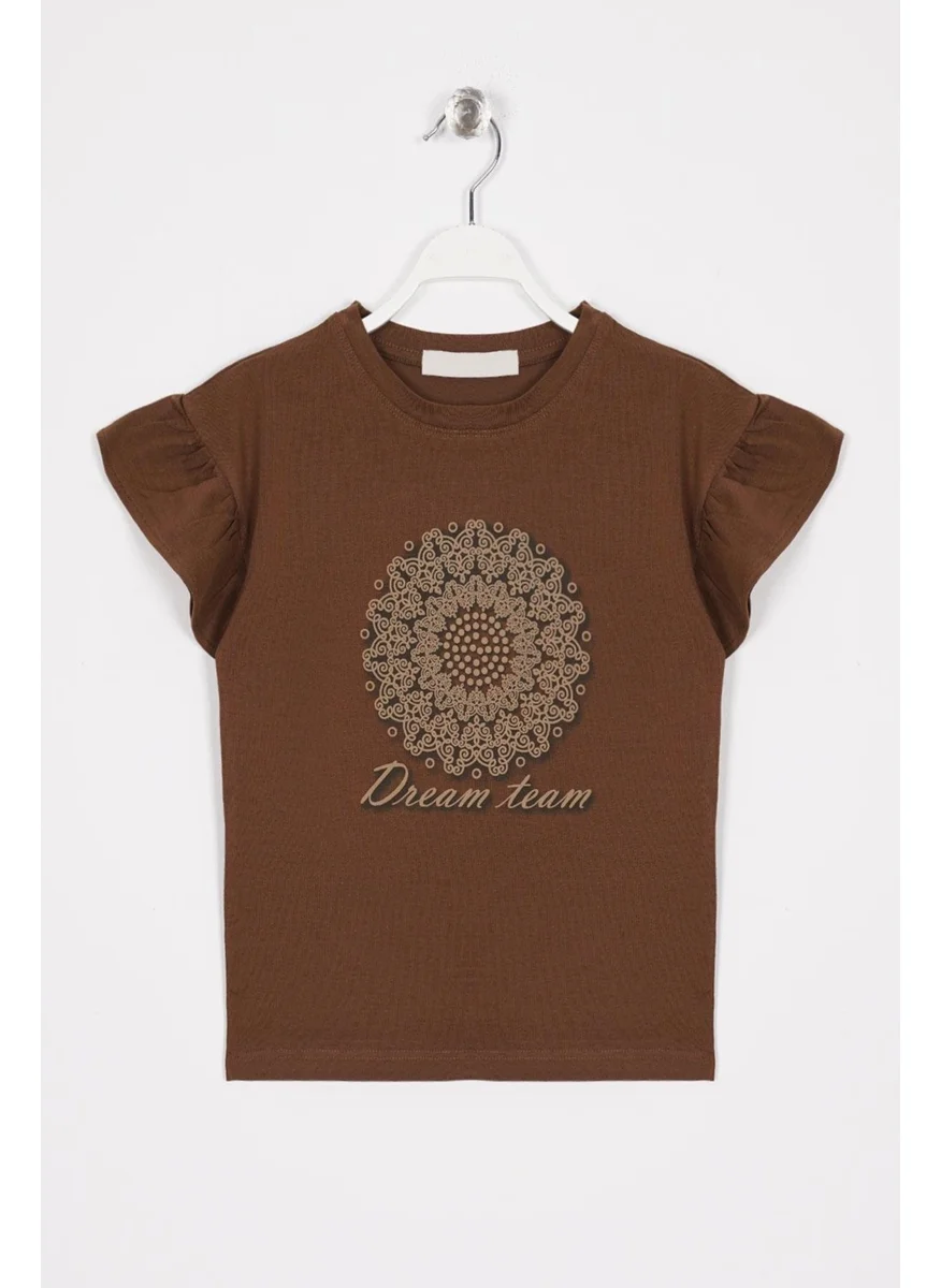 وي وي Ruffle Sleeves Text Printed Brown Girl T-shirt