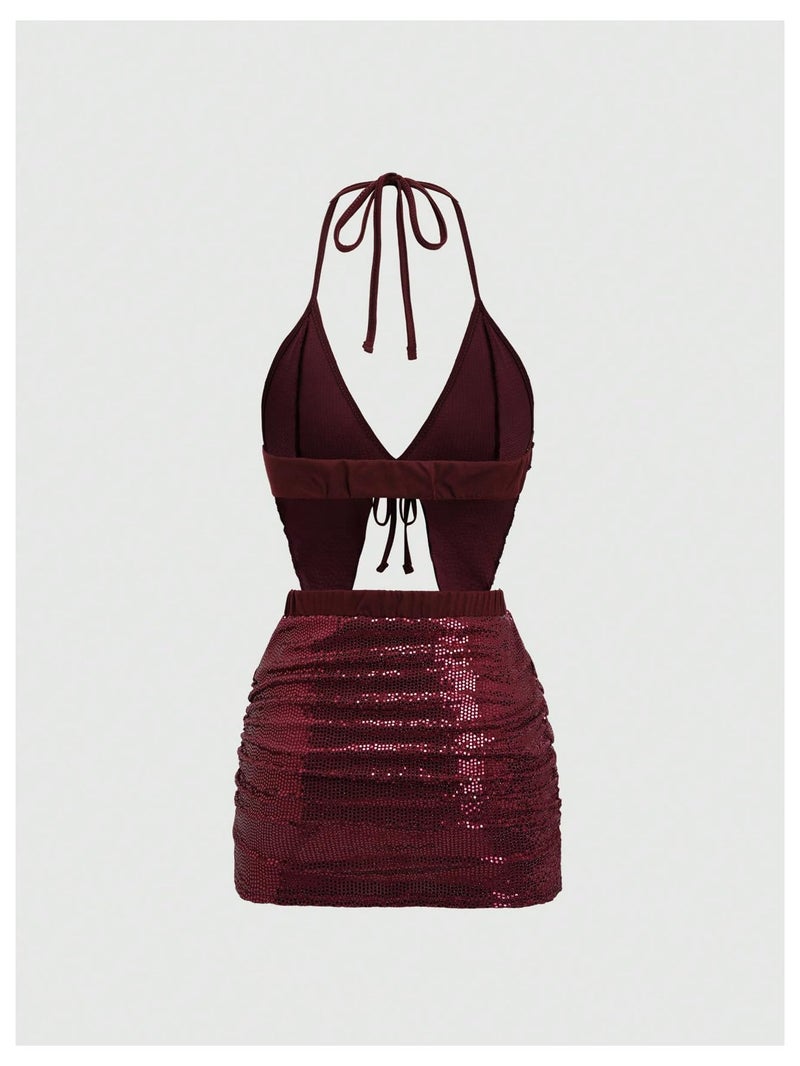 SHENHE Women's Y2k 2 Piece Sexy Outfits Backless Halter Crop Top and Ruched Bodycon Mini Skirt Set Sequin Burgundy Medium - Image 2