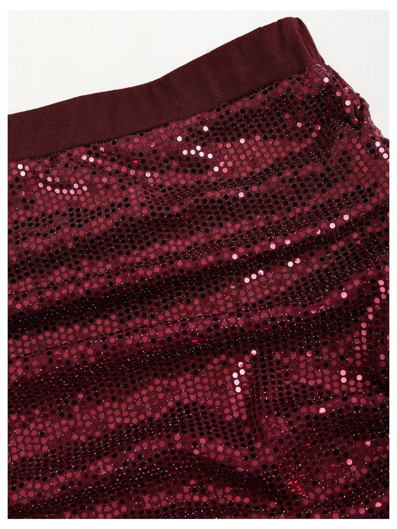 SHENHE Women's Y2k 2 Piece Sexy Outfits Backless Halter Crop Top and Ruched Bodycon Mini Skirt Set Sequin Burgundy Medium - Image 5