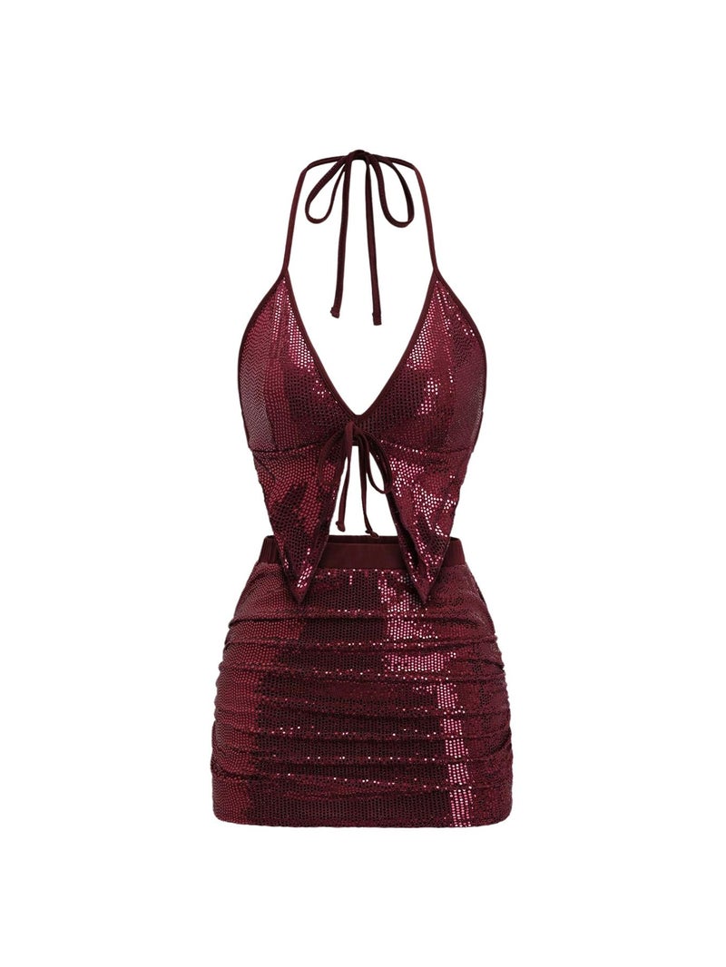 SHENHE Women's Y2k 2 Piece Sexy Outfits Backless Halter Crop Top and Ruched Bodycon Mini Skirt Set Sequin Burgundy Medium - Image 1