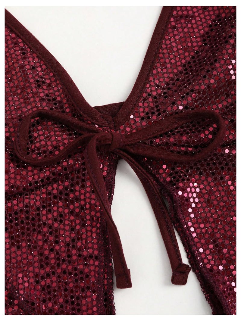 SHENHE Women's Y2k 2 Piece Sexy Outfits Backless Halter Crop Top and Ruched Bodycon Mini Skirt Set Sequin Burgundy Medium - Image 3