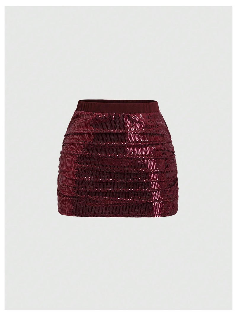 SHENHE Women's Y2k 2 Piece Sexy Outfits Backless Halter Crop Top and Ruched Bodycon Mini Skirt Set Sequin Burgundy Medium - Image 4