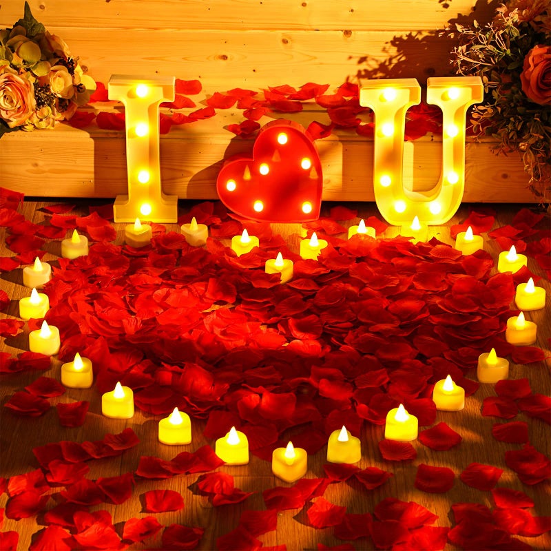 Hortsun 1000 Pcs Artificial Rose Petals and 24 LED Love Candles Set I Love You Light up Letters Romantic Proposal Decorations for Special Romantic Night Wedding Anniversary Decorations - Image 1
