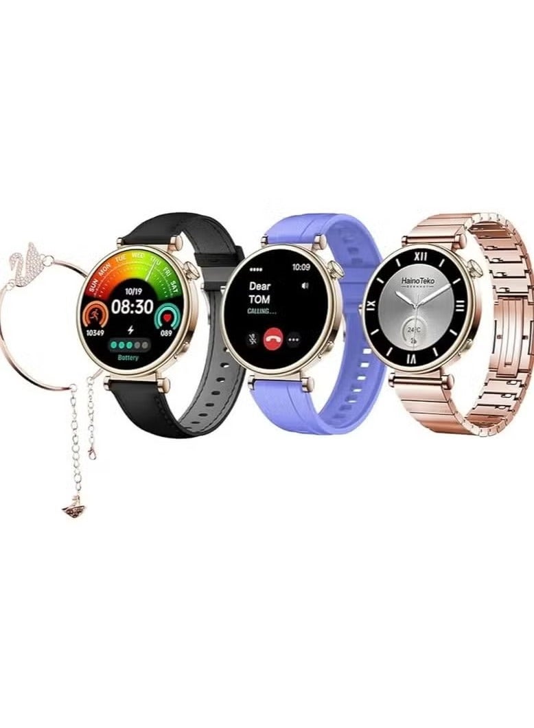 Haino Teko RW43 Round Shape AMOLED Smart Watch for Ladies | Stylish Rose Gold Bracelet, 3 Interchangeable Straps, Fitness Tracker, Heart Rate Monitor, Sleep Tracker, IP68 Waterproof, Bluetooth Call, Compatible with iPhone & Android | Gold – Elegant Design with Advanced Features for Health Monitoring, Smart Notifications, and All-Day Comfort. Perfect for Fashion-Forward Women. - Image 1