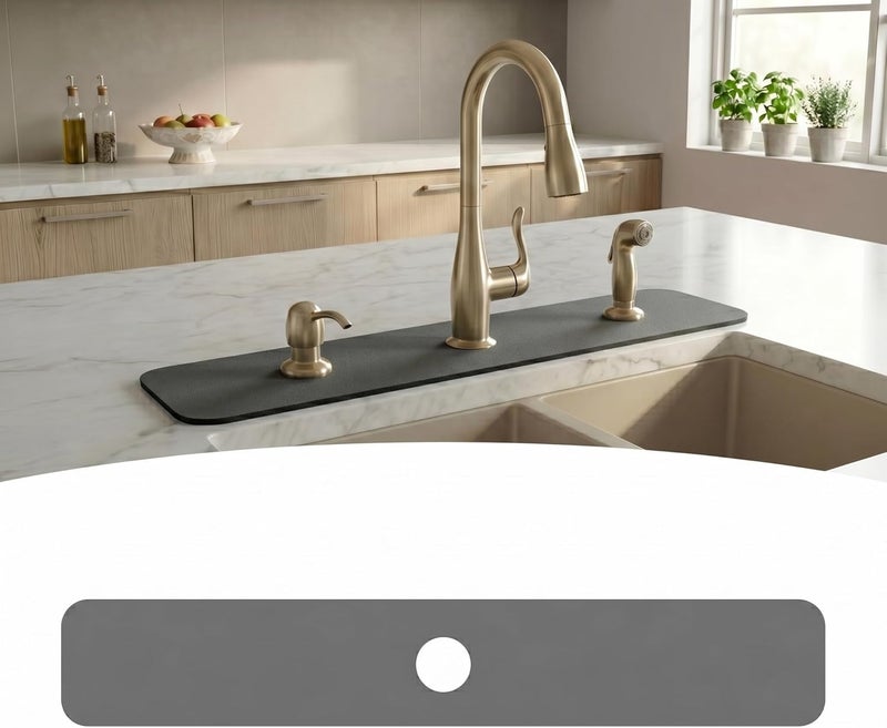 EazziSwitch 33" Lx5.5 W Long Kitchen Sink Faucet Mat: Customizable Grey Splash Guard with Pre-Cut Center Hole for Large Double Bowl Sink, DIY to Fit Irregular Sink 2, 3, 4 Holes with Soap Dispenser & Air Gap - Image 1