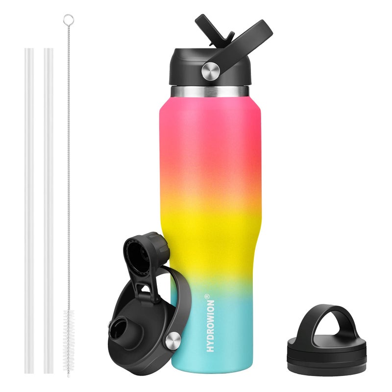 HYDROWION Stainless Steel Water Bottle 32oz Wide Mouth Double Wall Vacuum Insulated Water Bottle with Straw Lid Spout Lid and Flex Cap LeakproofFit in Any Car Cup Holder RedYellowBlue