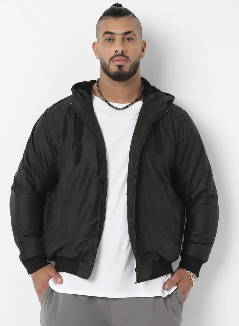 Instafab Plus Men's Black Zip-Front Puffer Jacket With Ribbed Hem