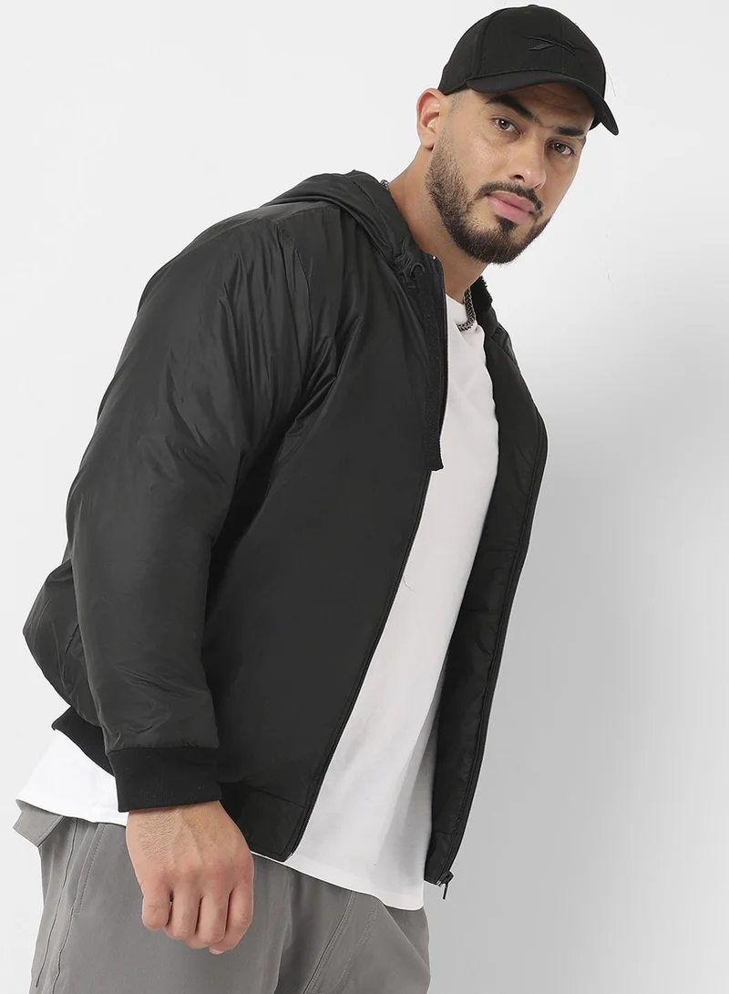 Instafab Plus Men's Black Zip-Front Puffer Jacket With Ribbed Hem