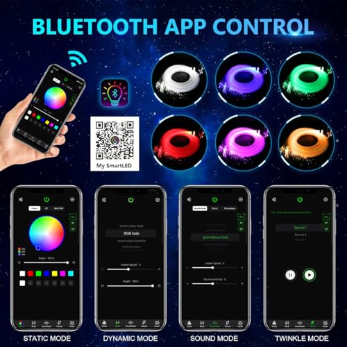 AMKI High Brightness 32W Twinkle 1000pcs Fiber Optic Starlight Headliner Kit 0.03in 16.4ft Fiber Strands RGBW Sound Activated APP Remote Control for Car Home Roof Ceiling Decoration - Image 4