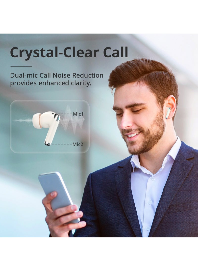 ترونسمارت سماعات أذن لاسلكية ترونسمارت سونفي R4 بتقنية بلوتوث 5.3، صوت ستيريو هاي فاي مع مشغلين مزدوجين، صوت جهير عميق، حجم صغير، وقت تشغيل يصل إلى 27 ساعة للموسيقى والمكالمات والرياضة والتلفزيون، لون بيج - Image 4