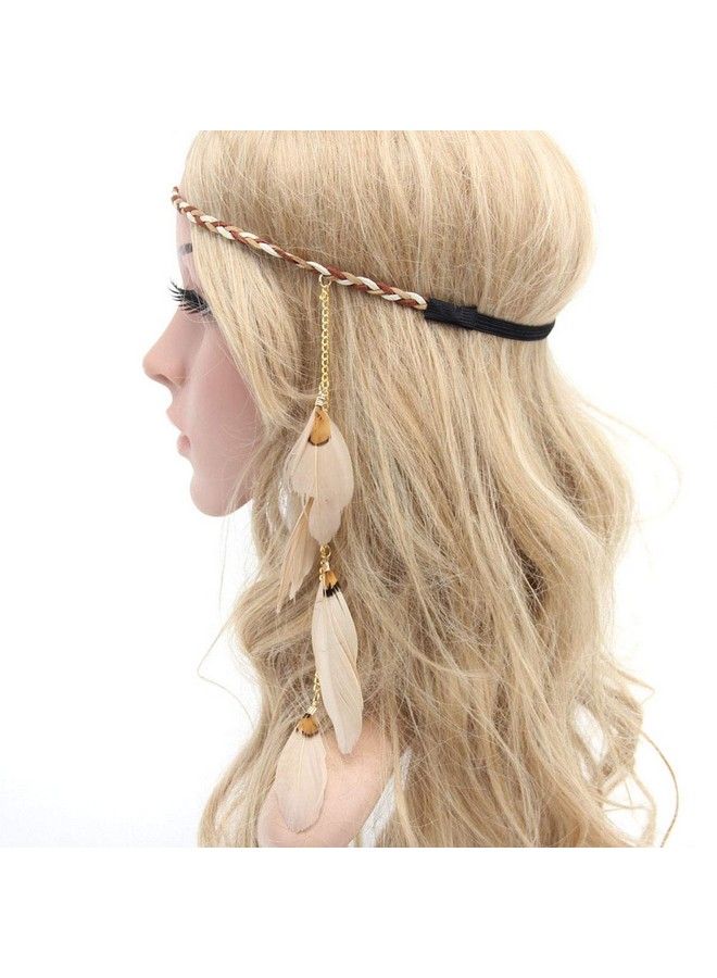 Nicedmm Numblartd Stylish Boho Hippie Feather Hair Band Headband Indian Vintage Elastic Head Wrap Hair Accessories Headdress For Lady Women (Beige) - Image 1