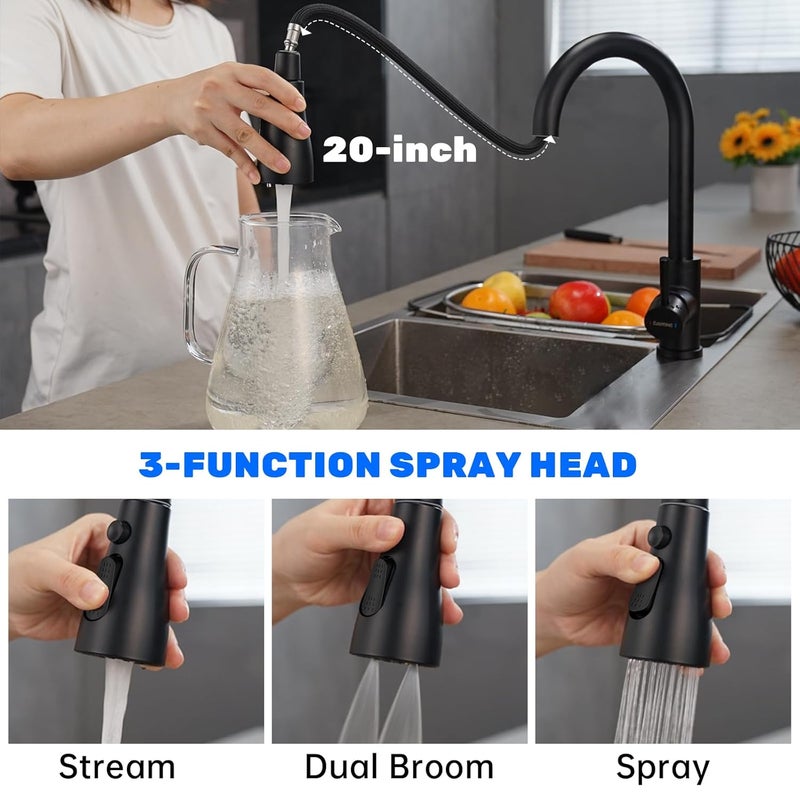 DAYONE Matte Black Kitchen Faucet with 3-Modes, High Arc Kitchen Sink Mixer Tap with Pull Down Sprayer, 1 Hole Stainless Steel Kitchen Sink Faucet, 0012MB - Image 3