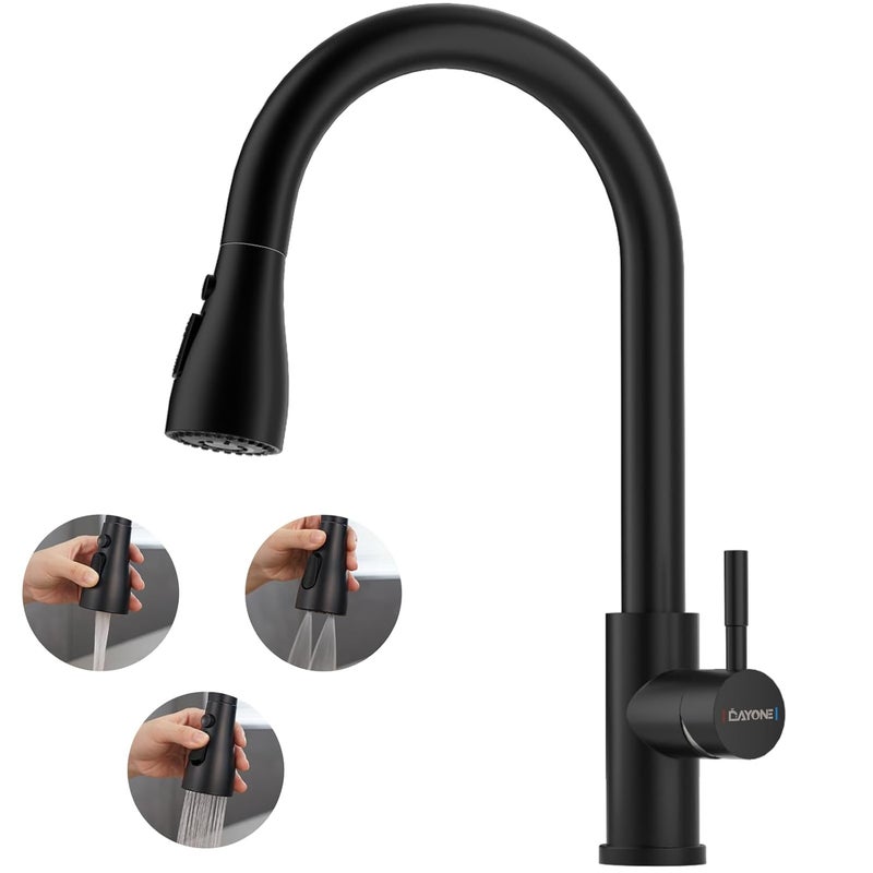 DAYONE Matte Black Kitchen Faucet with 3-Modes, High Arc Kitchen Sink Mixer Tap with Pull Down Sprayer, 1 Hole Stainless Steel Kitchen Sink Faucet, 0012MB - Image 1