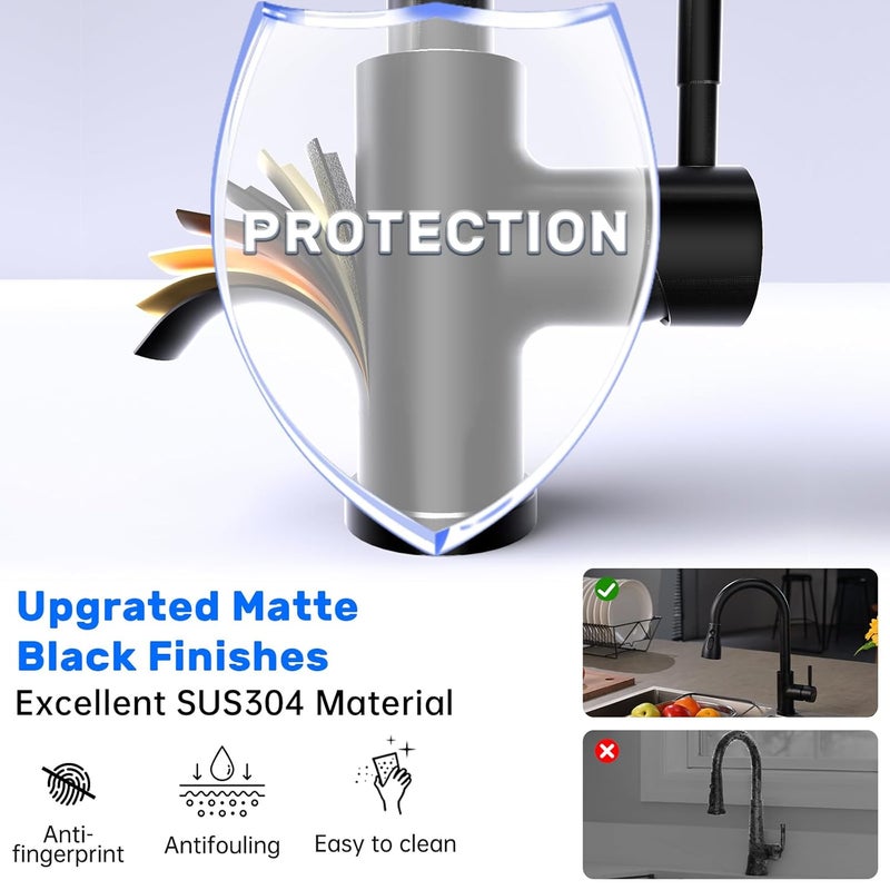 DAYONE Matte Black Kitchen Faucet with 3-Modes, High Arc Kitchen Sink Mixer Tap with Pull Down Sprayer, 1 Hole Stainless Steel Kitchen Sink Faucet, 0012MB - Image 5