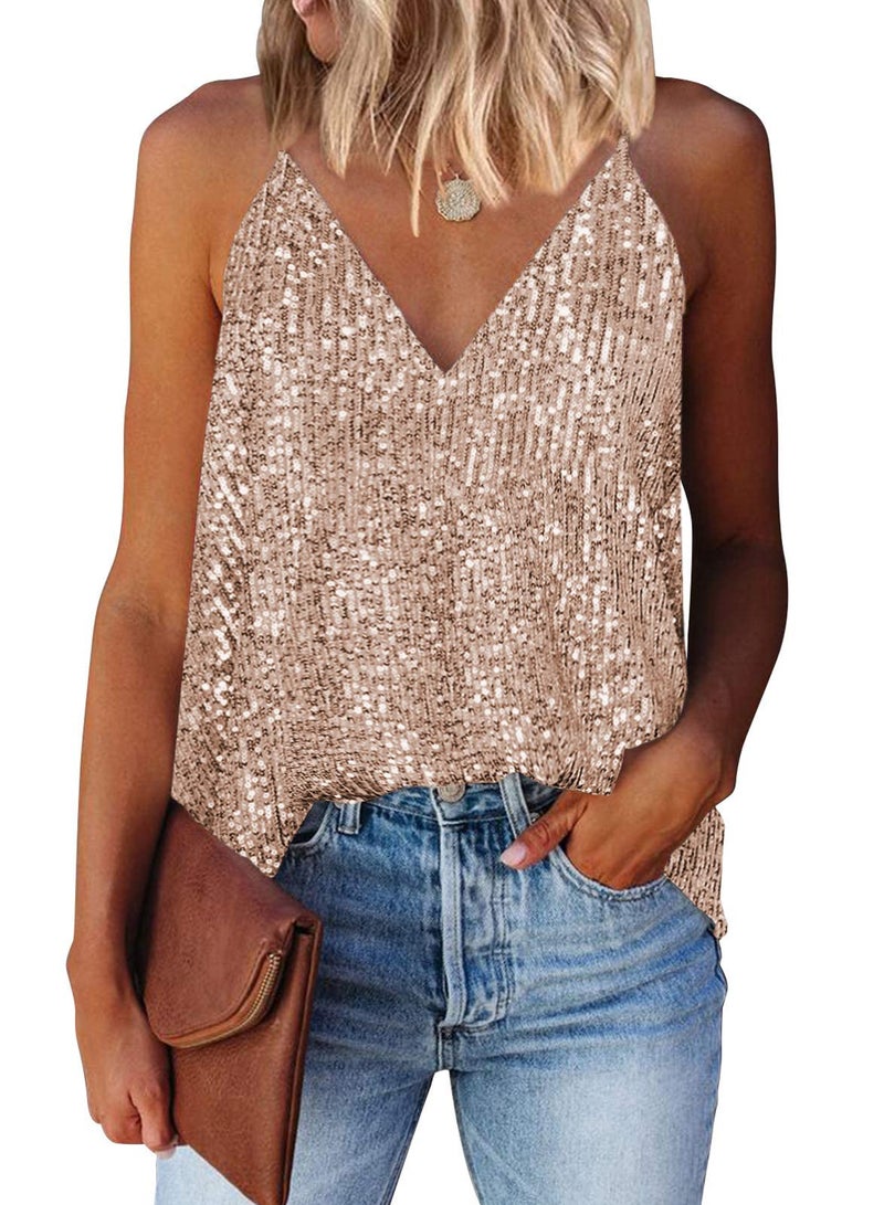 miduo Women's Tank Tops Summer Spring Fashion Sequin V Neck Racerback Tanks Tops Cami Shirts Sleeveless Tops Blouses Going Out Gold M - Image 1