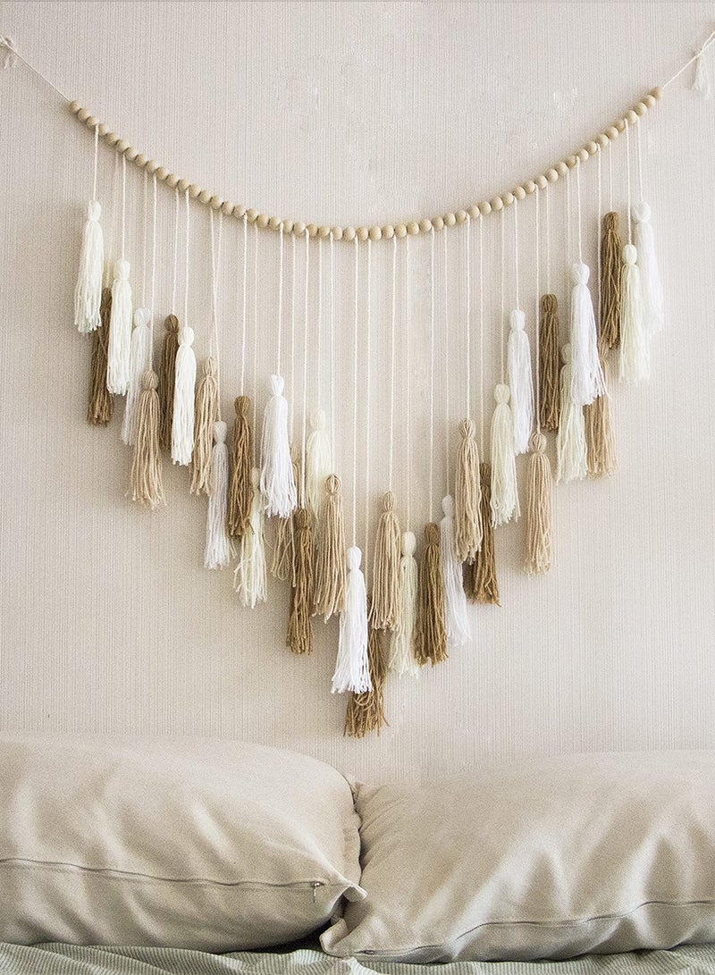 نجم ستايل شرابة معلقة حائط معلقة على الحائط، معلقة حائط بوهو كبيرة بخرز خشبي لغرفة النوم وغرفة المعيشة والمطبخ، بيج كريمي 35 × 36 بوصة - Image 1