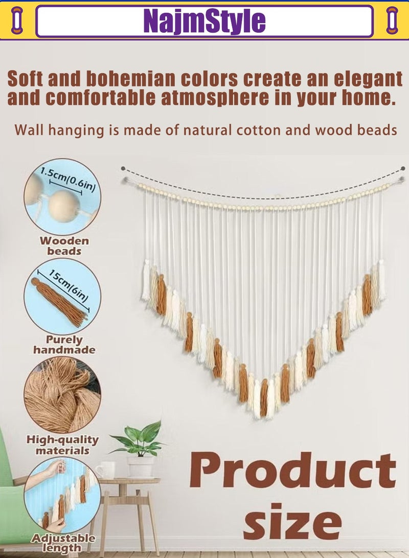نجم ستايل شرابة معلقة حائط معلقة على الحائط، معلقة حائط بوهو كبيرة بخرز خشبي لغرفة النوم وغرفة المعيشة والمطبخ، بيج كريمي 35 × 36 بوصة - Image 2