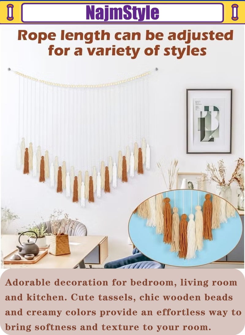 نجم ستايل شرابة معلقة حائط معلقة على الحائط، معلقة حائط بوهو كبيرة بخرز خشبي لغرفة النوم وغرفة المعيشة والمطبخ، بيج كريمي 35 × 36 بوصة - Image 3
