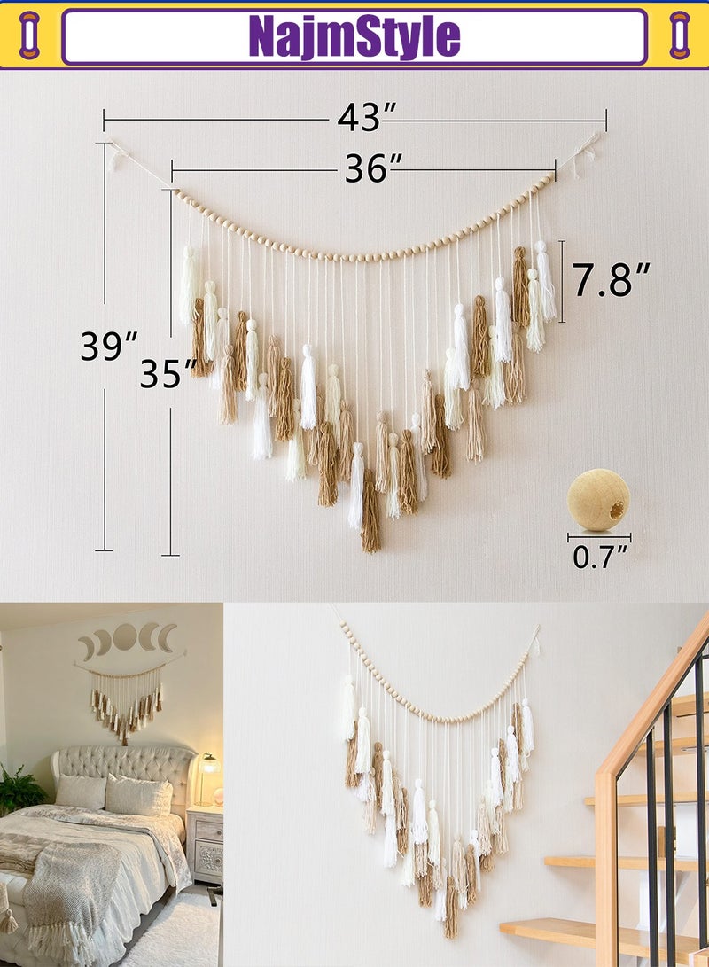 نجم ستايل شرابة معلقة حائط معلقة على الحائط، معلقة حائط بوهو كبيرة بخرز خشبي لغرفة النوم وغرفة المعيشة والمطبخ، بيج كريمي 35 × 36 بوصة - Image 4