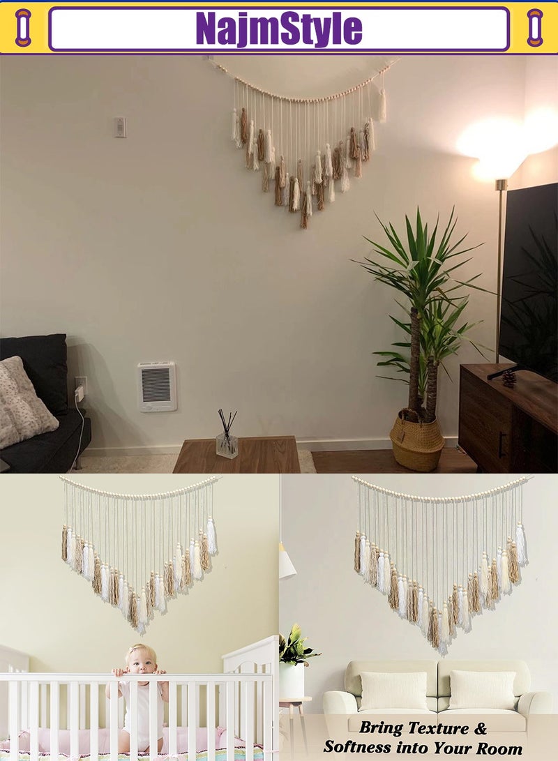 نجم ستايل شرابة معلقة حائط معلقة على الحائط، معلقة حائط بوهو كبيرة بخرز خشبي لغرفة النوم وغرفة المعيشة والمطبخ، بيج كريمي 35 × 36 بوصة - Image 5