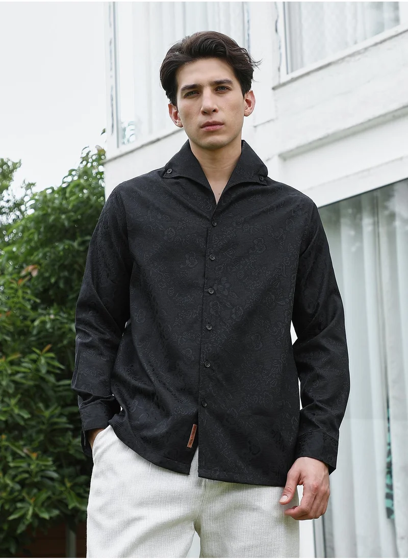 Campus Sutra Men's Black Floral Self Design Full Sleeve Shirt