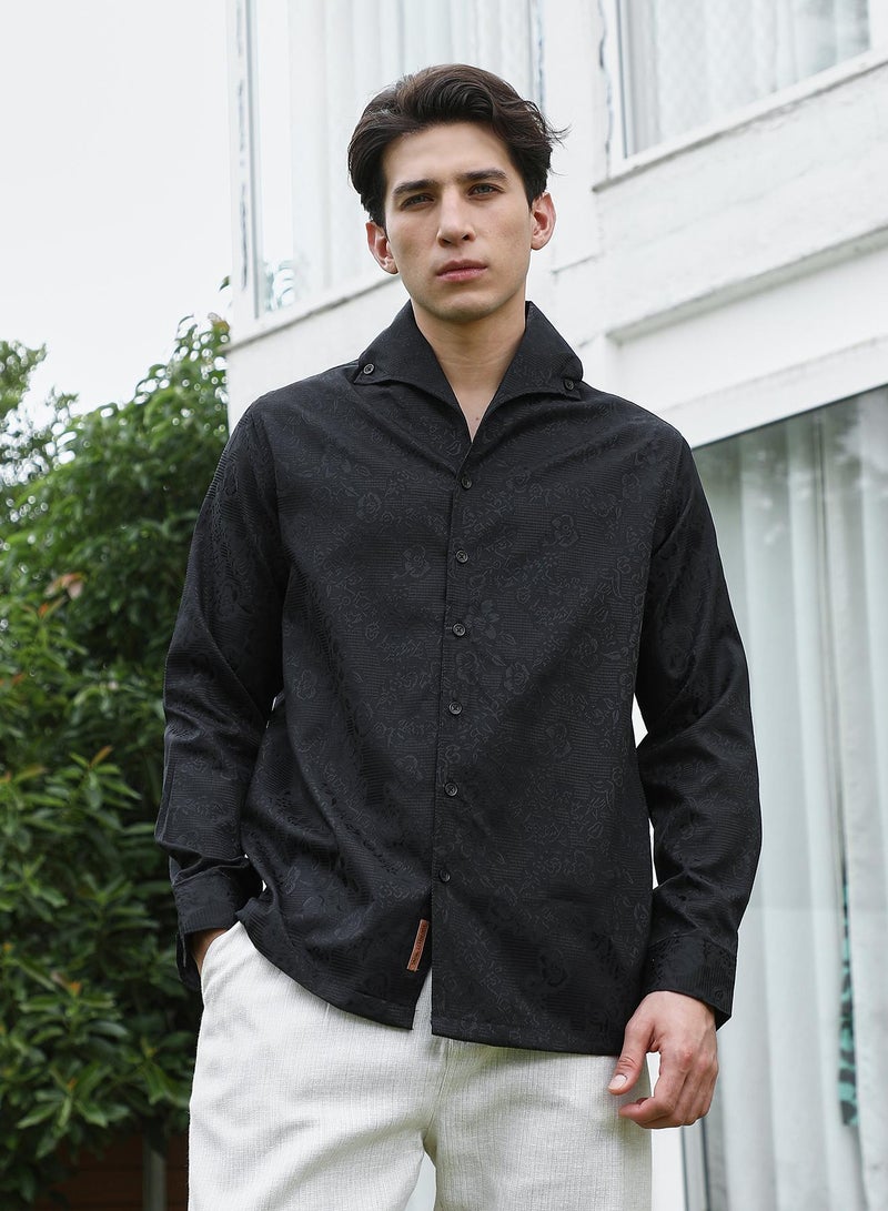 Campus Sutra Men's Black Floral Self Design Full Sleeve Shirt - Image 2