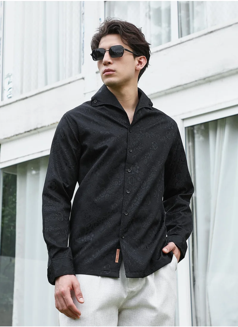 Campus Sutra Men's Black Floral Self Design Full Sleeve Shirt
