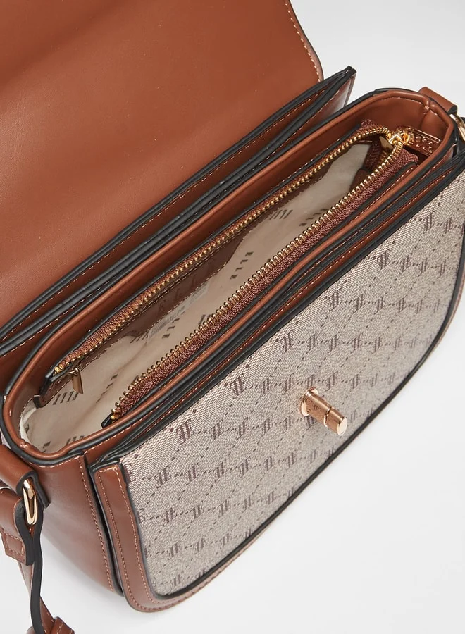 ELLE Women Monogram Print Crossbody Bag with Flap Closure and Strap