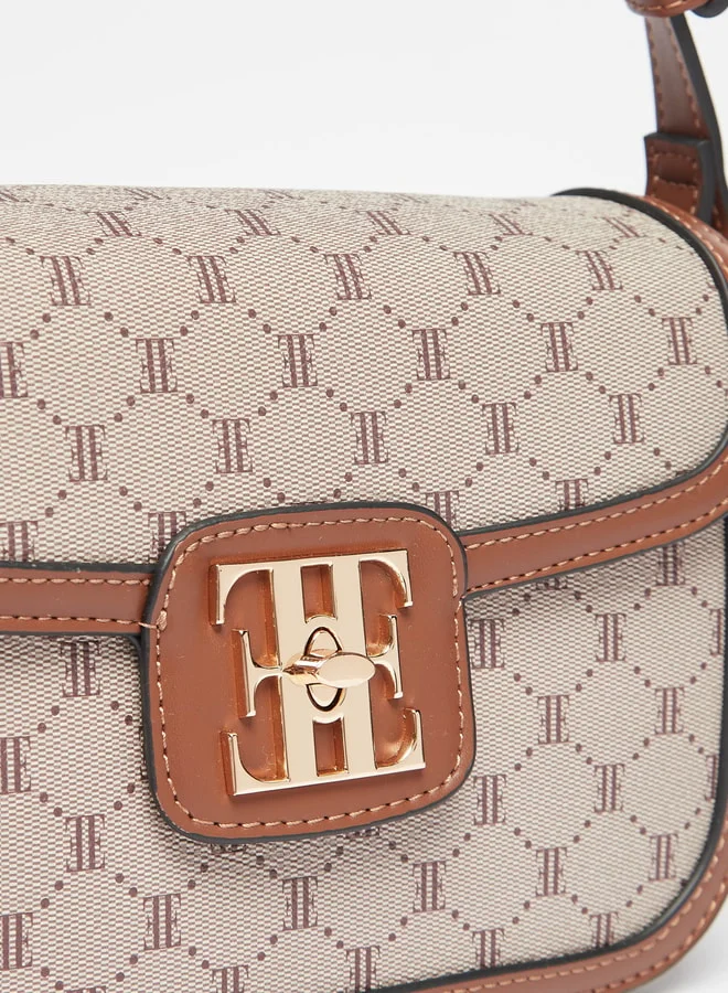 ELLE Women Monogram Print Crossbody Bag with Flap Closure and Strap