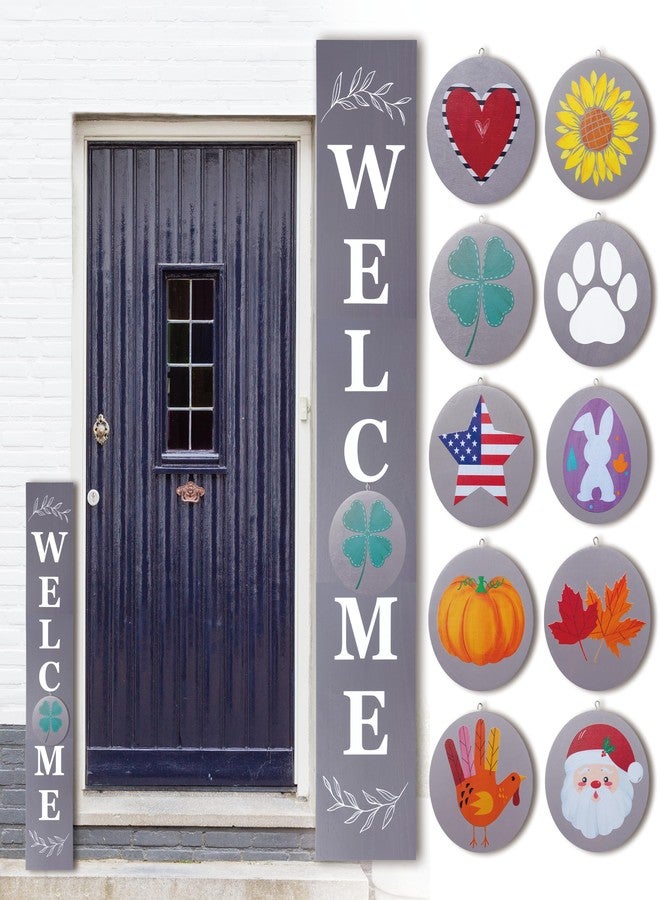 Perfnique Interchangeable Welcome sign for front porch standing, 47 x 7.9 Inch Black Wooden Leaner Sign with 10 Interchangeable Designed Icons, Morden Farmhouse Rustic Seasonal Decor for Spring Easter - Image 1