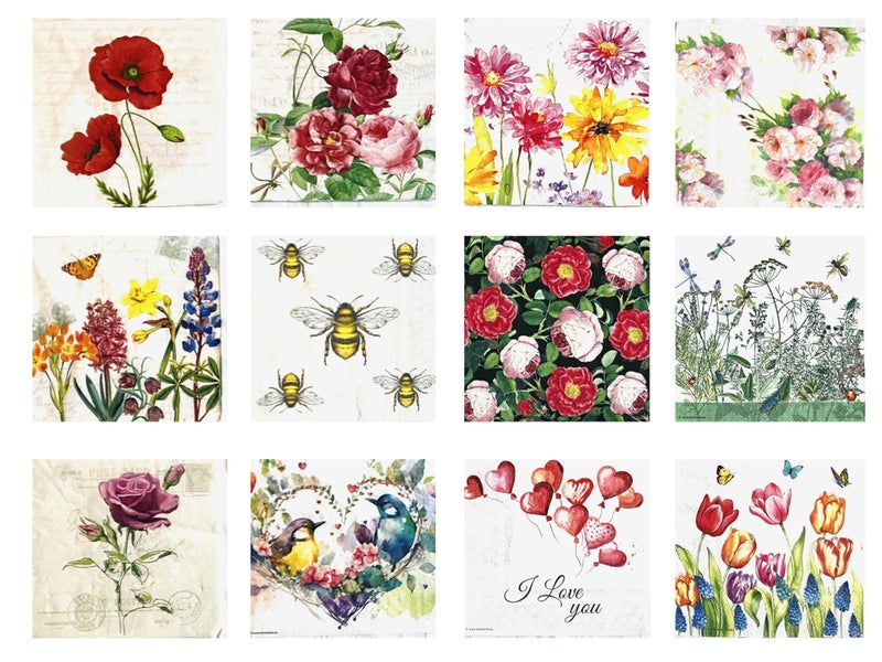 12 Styles Assorted Valentine Napkins for Decoupage a Variety of Flower Napkins Assorted Mother's Day Napkins Decorative Paper for Decoupage Beautiful Spring Paper Napkins for Decoupage 1 Each 6.5 - Image 1
