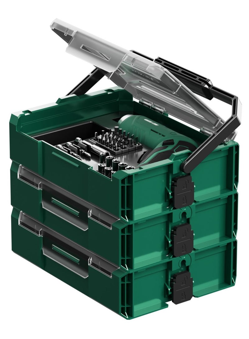 جرين ليون مفك براغي لاسلكي ومجموعة أدوات، مجموعة كاملة 213 قطعة، صندوق تخزين قابل للتكديس، تحكم أمامي وعكسي، مقبض قابل للتعديل، مفك براغي لاسلكي مع بطارية قابلة للشحن بسعة 1500 مللي أمبير، عزم دوران أقصى 3.0 نيوتن متر، حقيبة كاملة 213 قطعة. - Image 1