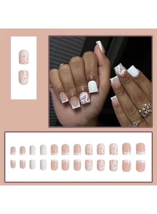MKWNTG French Tip Press On Nails - Square, Short, Glossy, Full Cover, White Striped Design, Reusable Artificial Acrylic Nails for Women & Girls (24Pcs) - Image 2