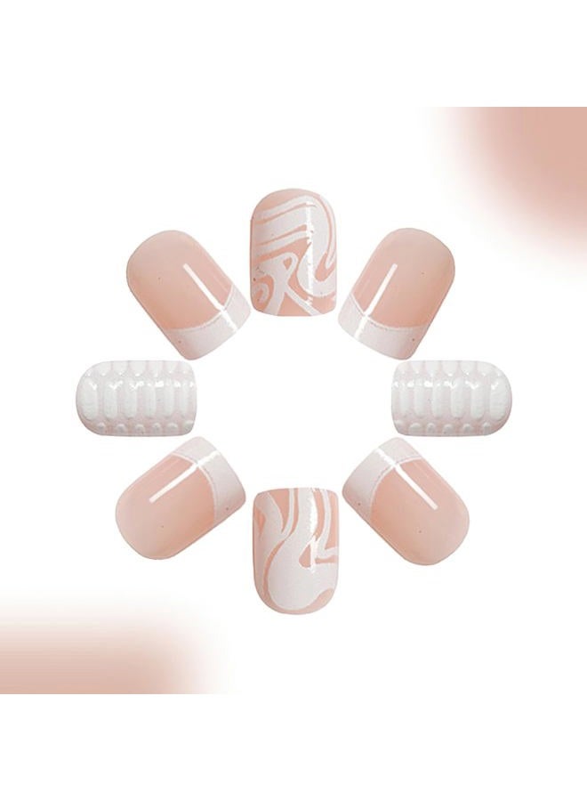MKWNTG French Tip Press On Nails - Square, Short, Glossy, Full Cover, White Striped Design, Reusable Artificial Acrylic Nails for Women & Girls (24Pcs) - Image 4
