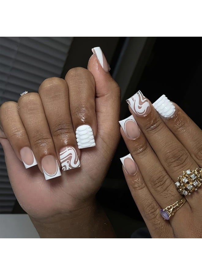 MKWNTG French Tip Press On Nails - Square, Short, Glossy, Full Cover, White Striped Design, Reusable Artificial Acrylic Nails for Women & Girls (24Pcs) - Image 1
