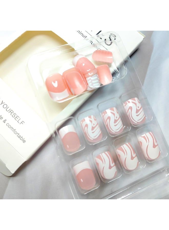 MKWNTG French Tip Press On Nails - Square, Short, Glossy, Full Cover, White Striped Design, Reusable Artificial Acrylic Nails for Women & Girls (24Pcs) - Image 5
