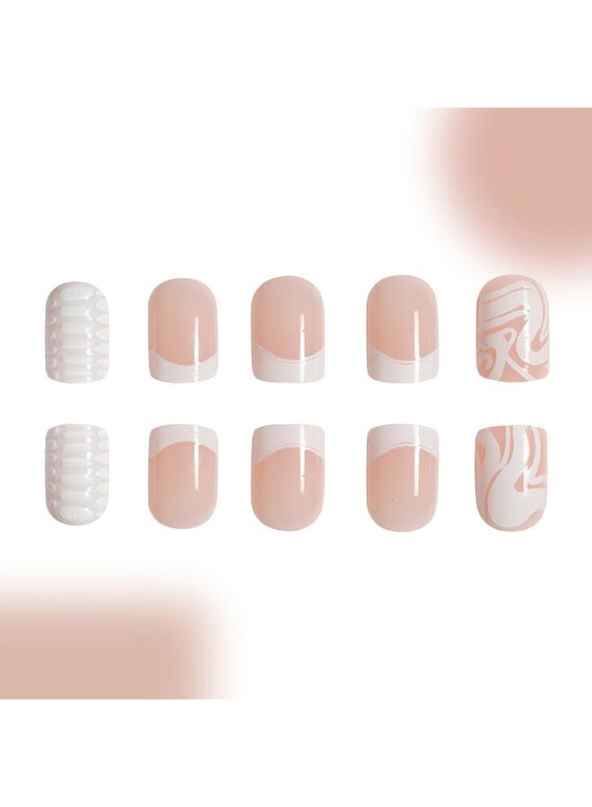 MKWNTG French Tip Press On Nails - Square, Short, Glossy, Full Cover, White Striped Design, Reusable Artificial Acrylic Nails for Women & Girls (24Pcs) - Image 3