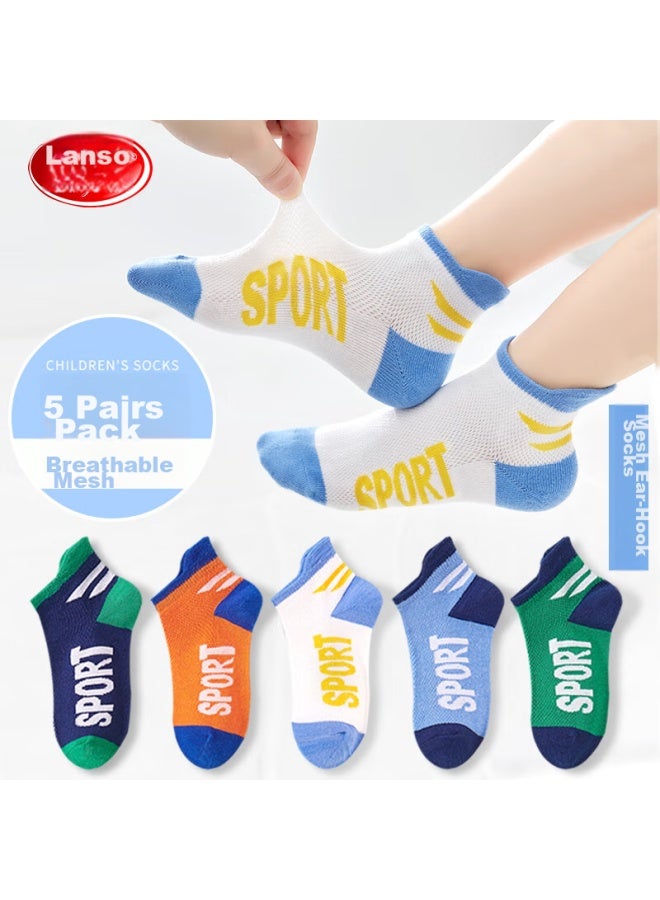 Langsha Children's Socks, Boys' Summer Thin Mesh Socks, Baby Mid-calf Cotton Socks, 5 Pairs, Letter Mesh, Size L