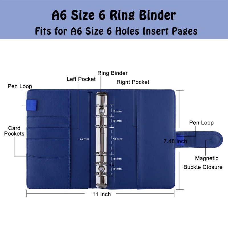 Antner A6 PU Leather Budget Binder - Refillable 6 Ring Notebook for A6 Refill Paper, Loose Leaf Personal Planner Cover With Magnetic Buckle Closure, Navy Blue - Image 2