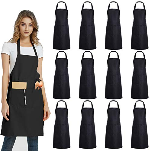 DUSKCOVE 12 Pack Plain Bib Aprons with 2 Pockets - Black Unisex Commercial Apron Bulk for Kitchen Cooking Restaurant BBQ Painting Crafting - Image 1