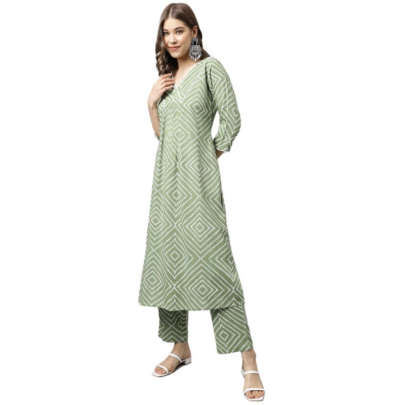 FIORRA Women's Green Cotton A-line Kurta with Palazzo - Image 2